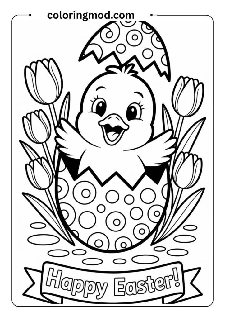 Cartoon-style outlined baby chick hatching