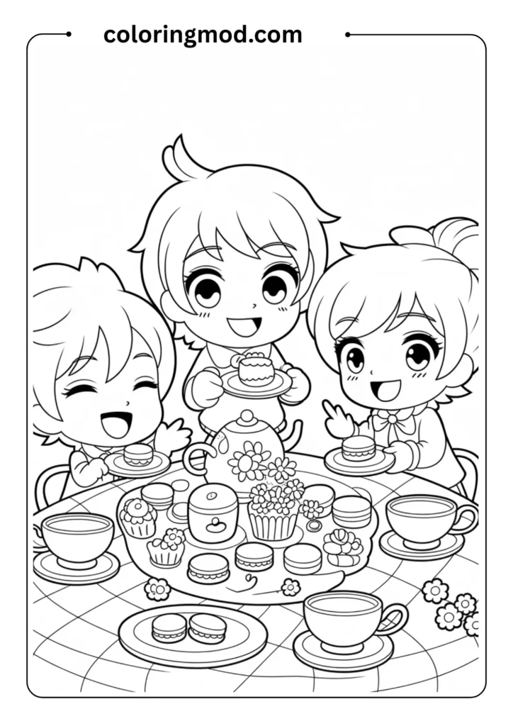 Chibi anime characters in a tea party scene with desserts and teacups, all outlined in kawaii style