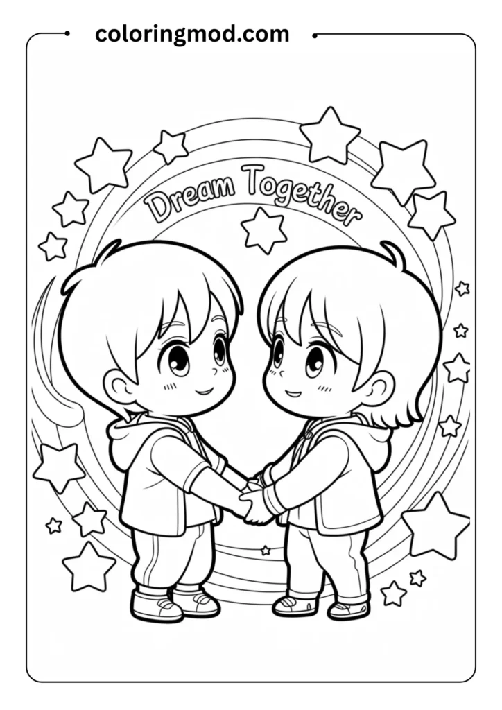 Chibi-style anime characters (boy and girl) holding hands with stars in the background, outlined design