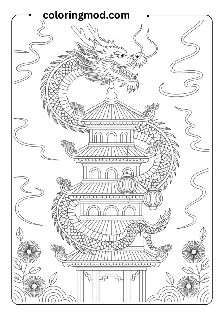 Chinese dragon wrapped around a tall pagoda,