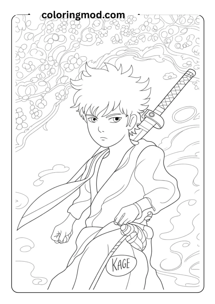 Cool anime boy with spiky hair and a katana on his back, standing heroically, clean line art