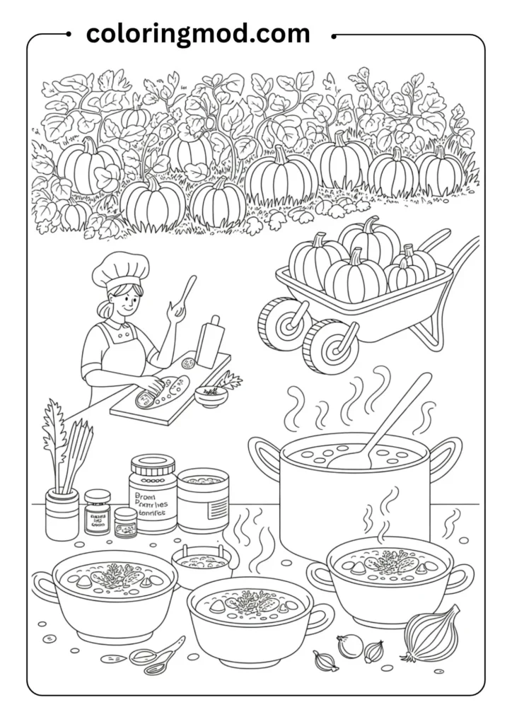 Cozy coloring page showing the process of making pumpkin soup from garden to bowl. Include whole pumpkins in garden, harvested -themed coloring page showing Mickey Mouse on Christmas morning surrounded