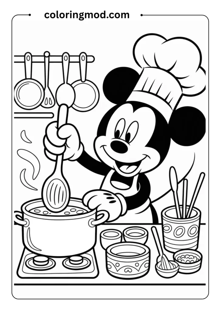 Culinary coloring page featuring Mickey Mouse as a chef in the kitchen. He's wearing