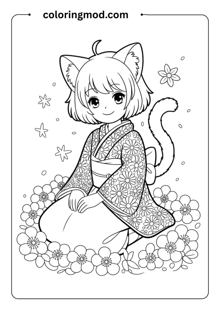 Cute anime girl with cat ears and a tail, wearing a kimono and smiling, outlined for coloring page