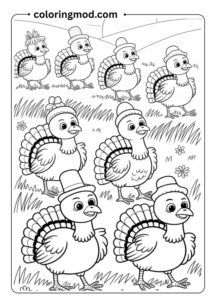 Cute baby turkeys marching in a row