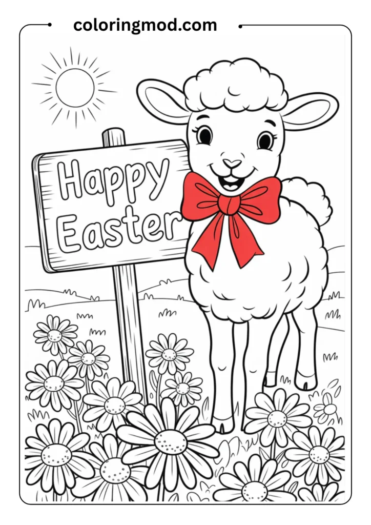 Cute cartoon lamb with a bow tie standing next
