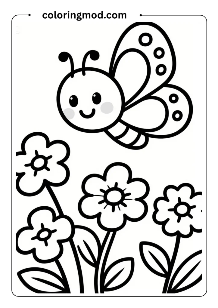 Cute cartoon-style butterfly flying above flowers