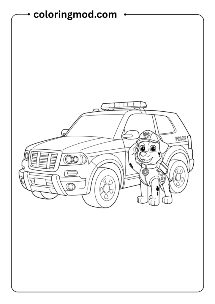 Detailed outline of a rescue pup’s police car with sirens