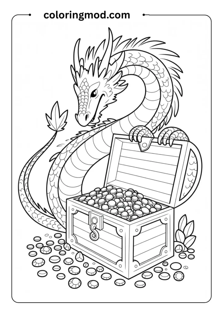 Dragon curled around a treasure chest filled
