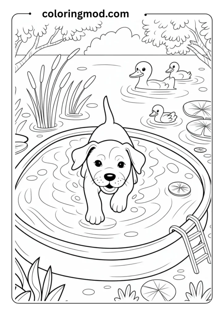 Dynamic coloring page featuring a young Labrador puppy taking its first swim in a shallow pond or kiddie pool. The puppy shows