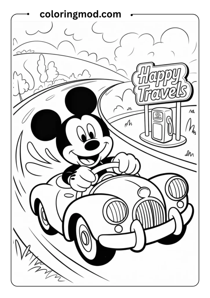 Dynamic coloring page showing Mickey Mouse happily driving a vintage-style car