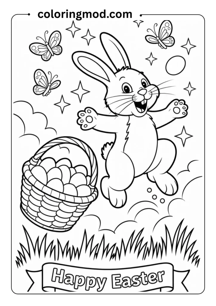 Easter bunny jumping through the air, tossing