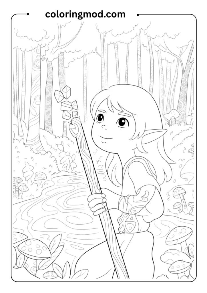 Fantasy anime character with elf ears and a staff, standing in front of a mystical forest, line art for coloring