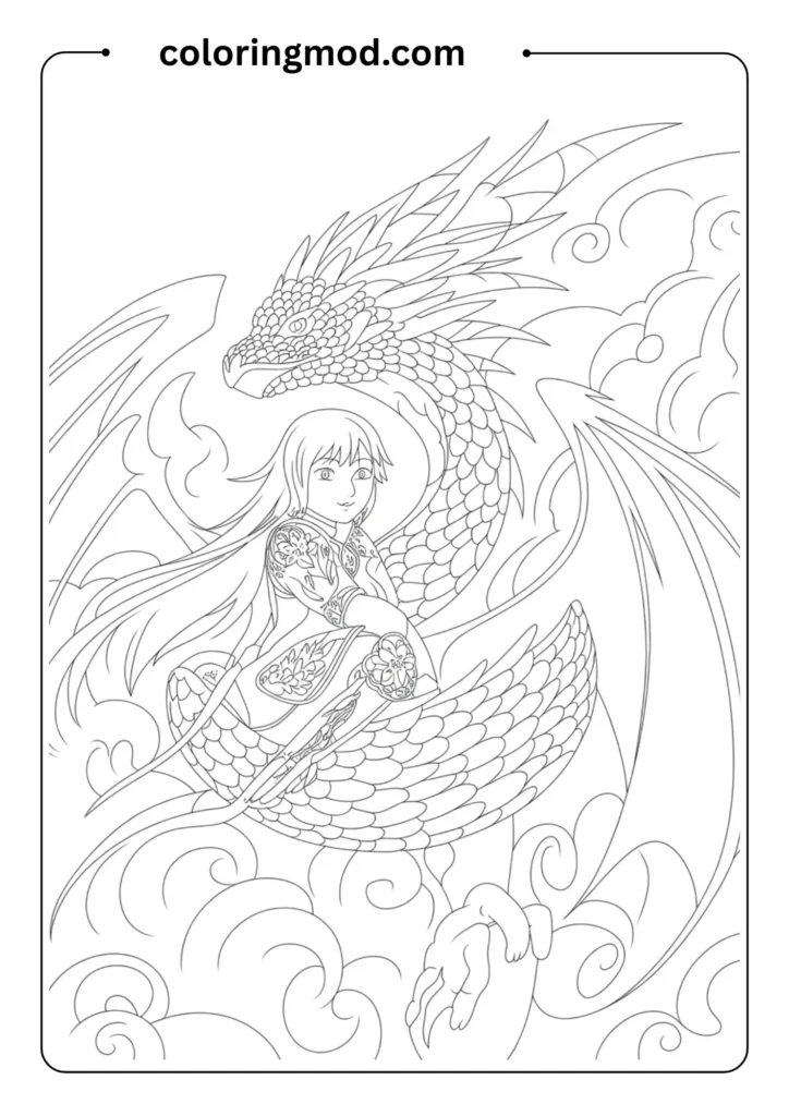 Fantasy anime dragon rider with long hair, detailed dragon scales and wings, outlined only
