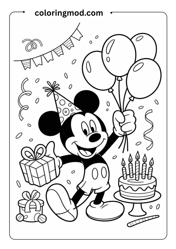 Festive coloring page featuring Mickey Mouse celebrating at a birthday party. He's wearing