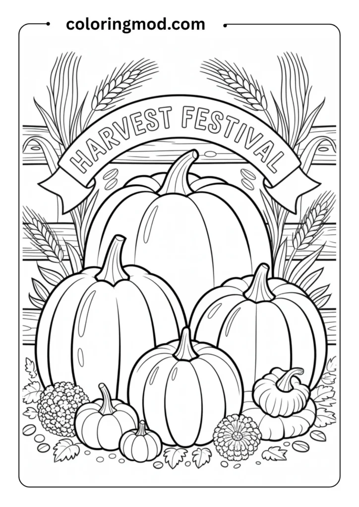 Festive coloring page showing three pumpkins of different sizes arranged together with harvest decorations. Large pumpkin in center