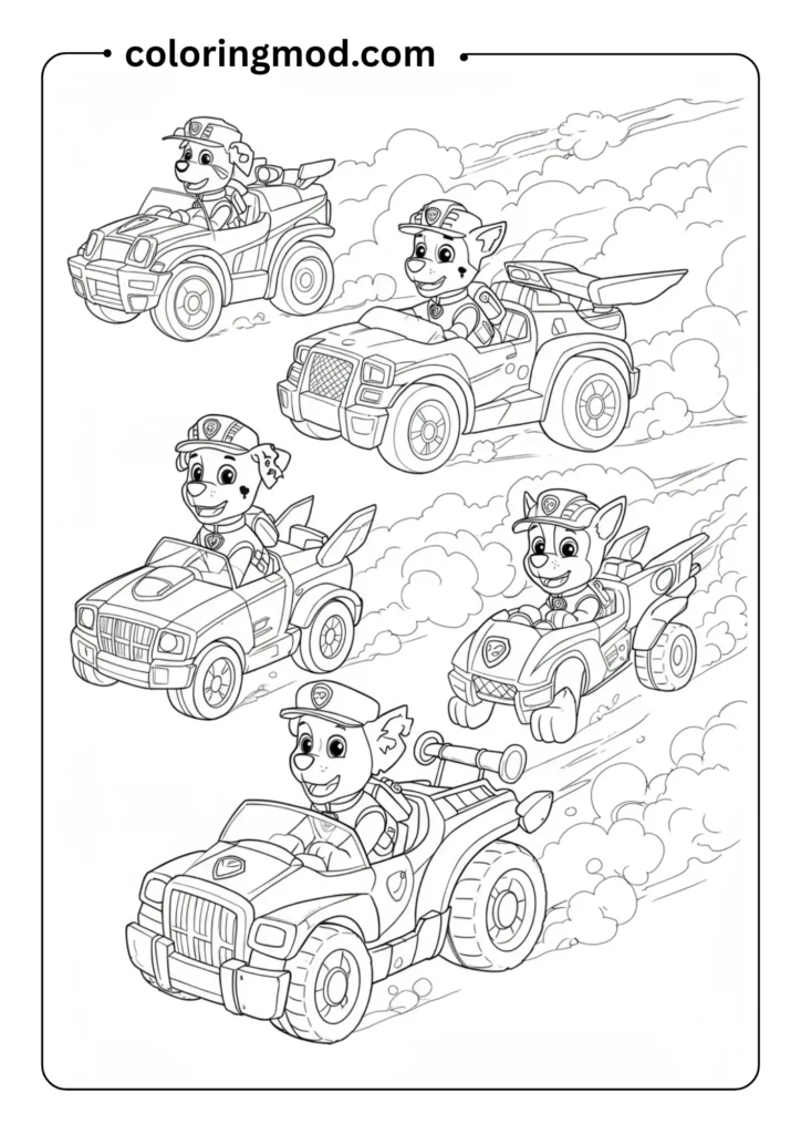 Four pups in their specialty vehicles driving side-by-side on a mission