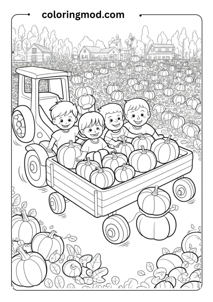 Fun coloring page featuring children riding in a wooden wagon filled with pumpkins through a pumpkin patch. The wagon is pulled coloring page showing Mickey Mouse throwing a stick for Pluto in a park