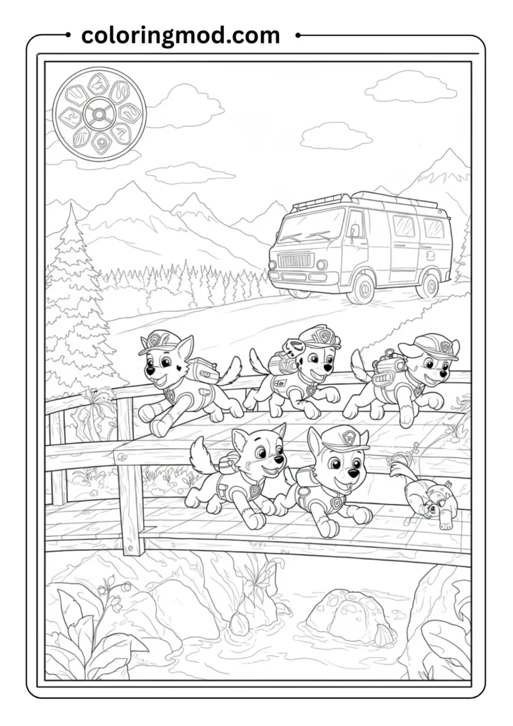 Group of rescue pups running across a bridge toward
