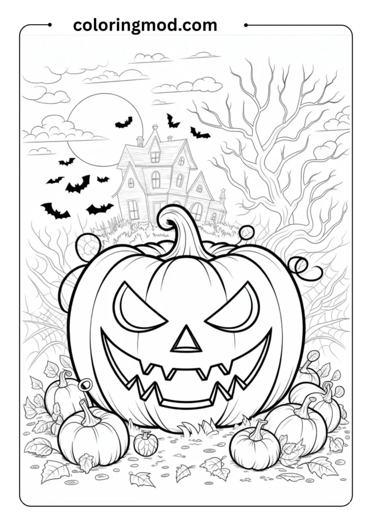 Halloween-themed coloring page featuring a menacing jack-o'-lantern with glowing triangular eyes, crooked jagged smile, and scary coloring page showing Mickey Mouse as the Sorcerer's Apprentice wearing