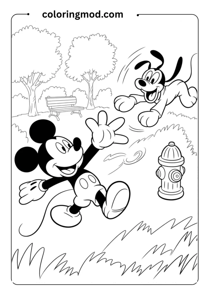 Heartwarming coloring page showing Mickey Mouse throwing a stick for Pluto in a park