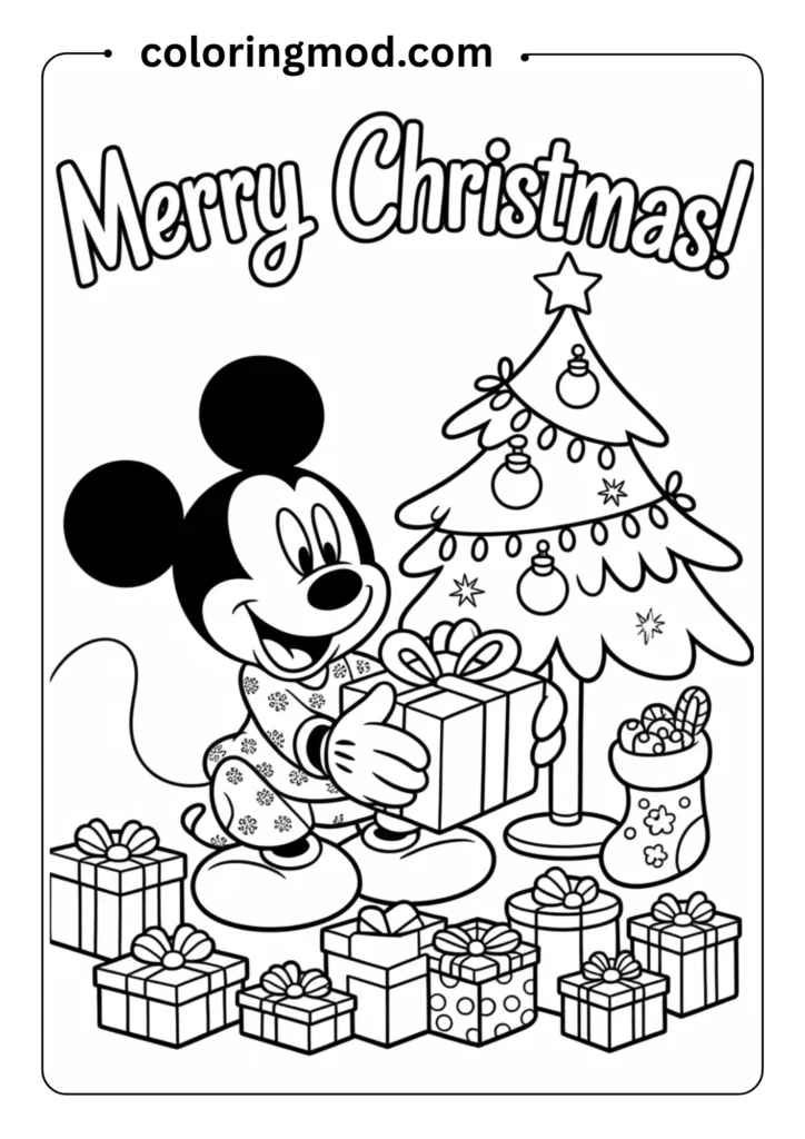 Holiday-themed coloring page showing Mickey Mouse on Christmas morning surrounded