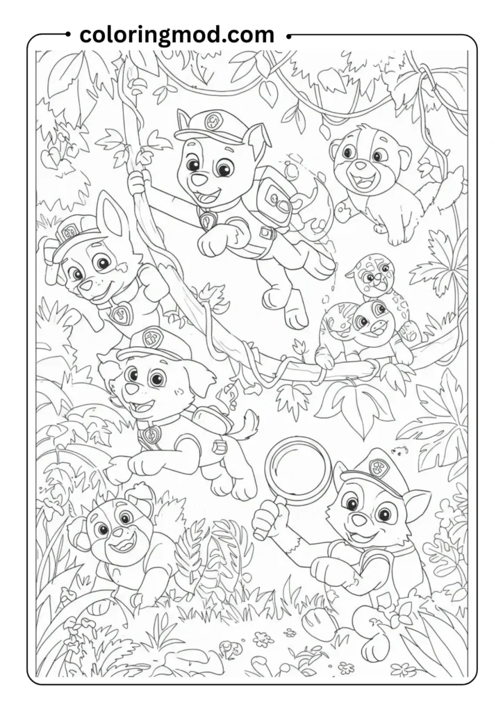 Jungle-themed rescue pups swinging on vines and searching with magnifying glasses