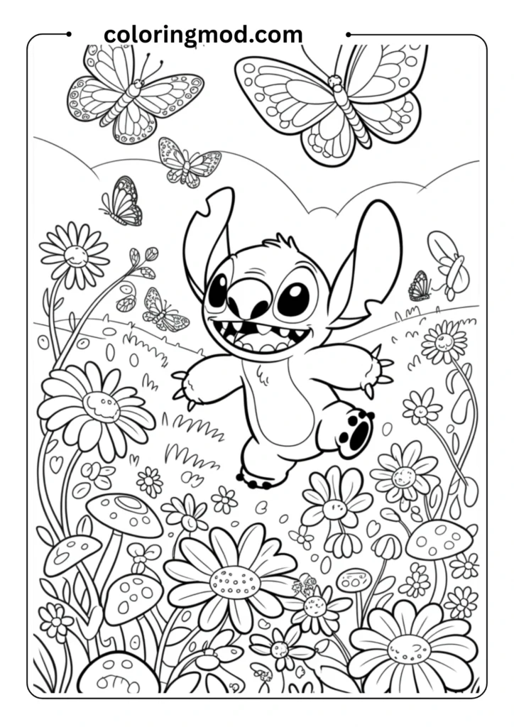 Line art of Stitch chasing butterflies in a flower