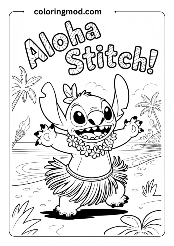 Line art of Stitch dancing hula in a grass skirt