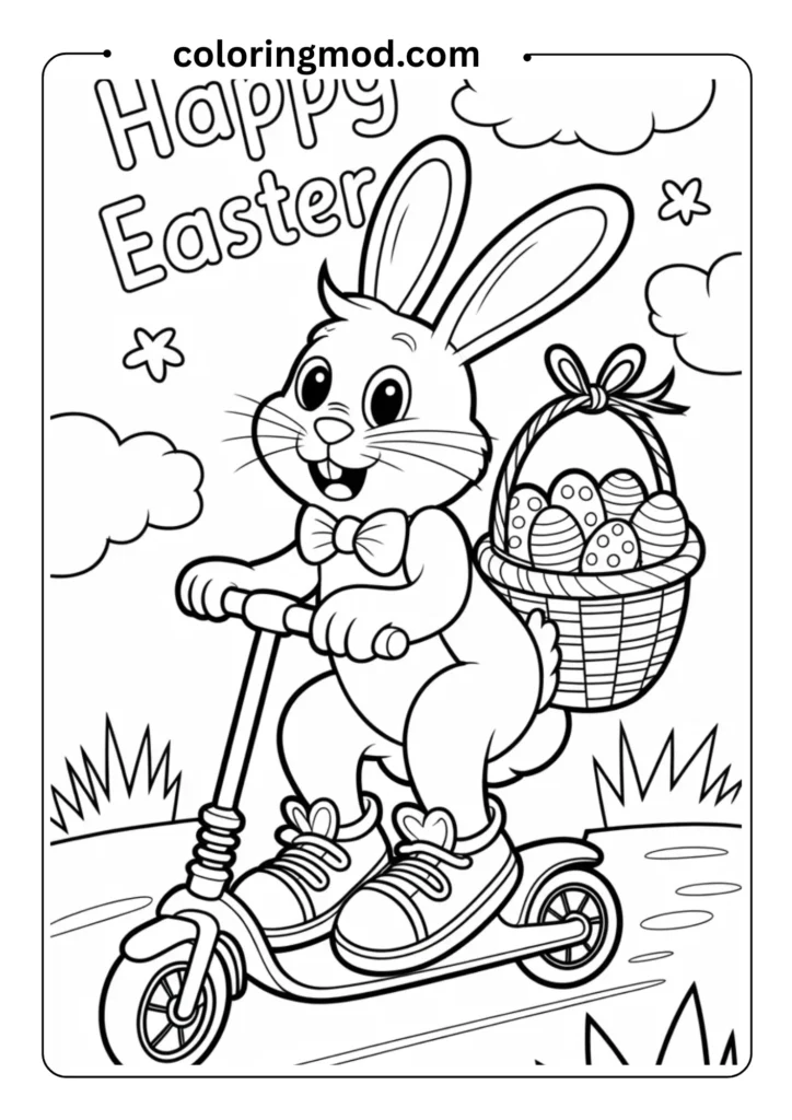 Line art of an Easter bunny riding a scooter