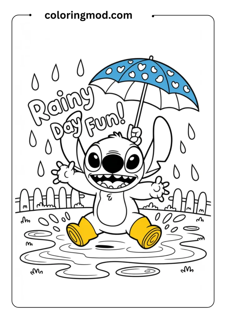 Line drawing of Stitch playing in a rain puddle