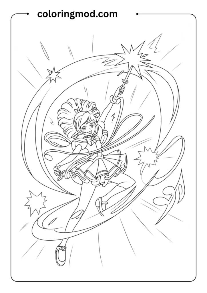 Magical girl anime character with a wand, in transformation pose with ribbons and sparkles, outlined for coloring page