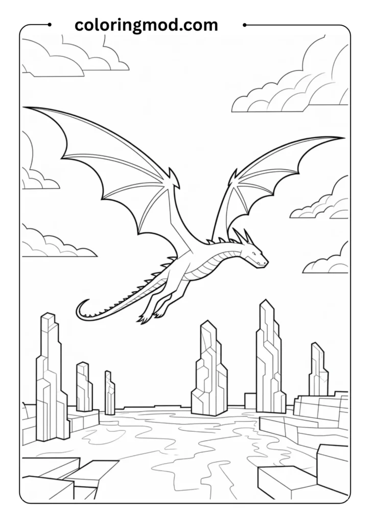 Minecraft Ender Dragon flying above the End with obsidian towers, fantasy scene in outline style