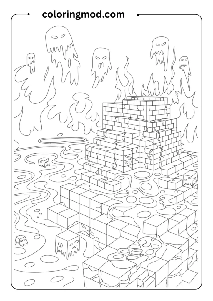 Minecraft Nether scene with lava pools, ghasts, and nether fortress, outlined fantasy design_dragon reading a book in a magical