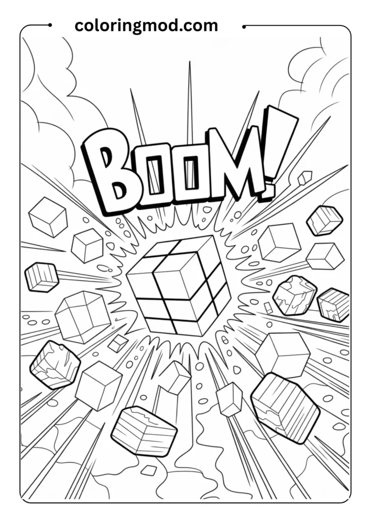 Minecraft TNT explosion in progress with blocks flying in all directions, comic-style outlines