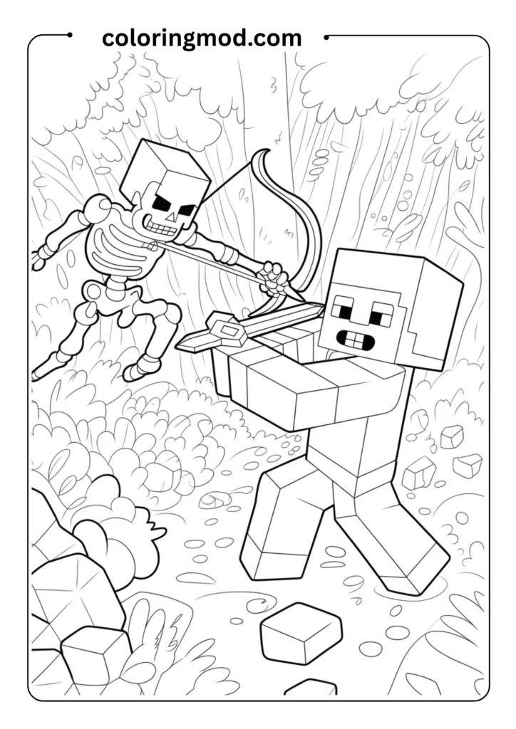 Minecraft battle scene between Steve and a skeleton archer, forest background, line art style