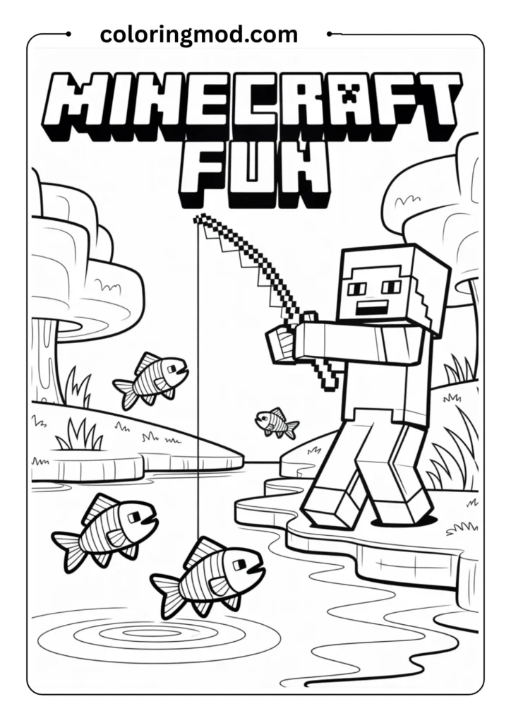 Minecraft character fishing by a lake with pixel fish jumping out, outdoor fun, outlined graphic