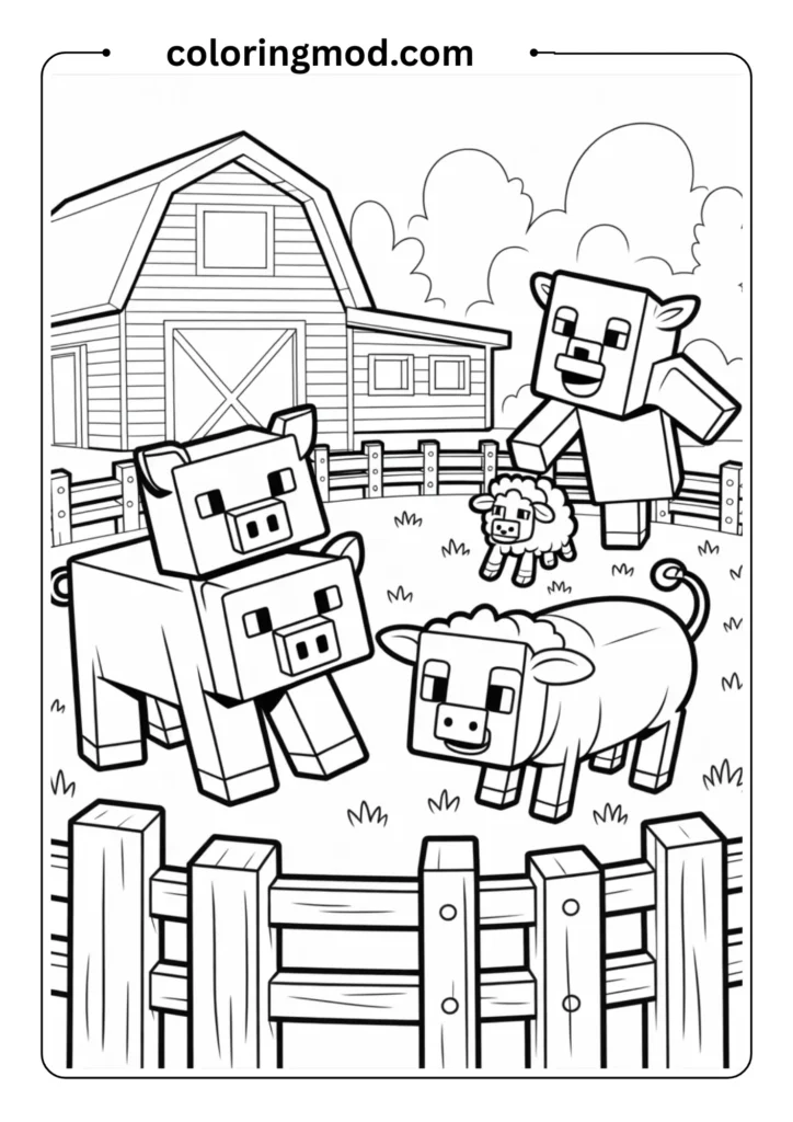 Minecraft pig, cow, and sheep together on a farm