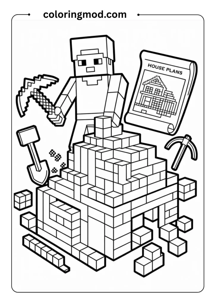 Minecraft player building a house with blocks, construction tools and blueprints in outline form
