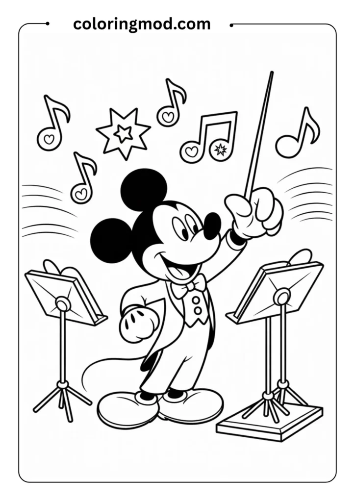Musical coloring page featuring Mickey Mouse as a band conductor with a baton, leading