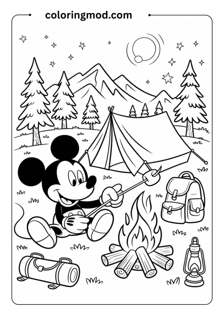 Outdoor adventure coloring page featuring Mickey Mouse camping in the wilderness