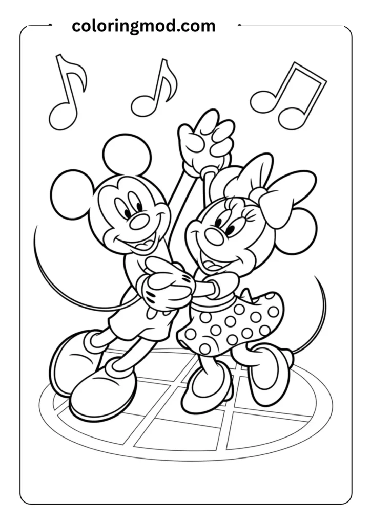 Outlined coloring page showing Mickey Mouse and Minnie Mouse dancing together
