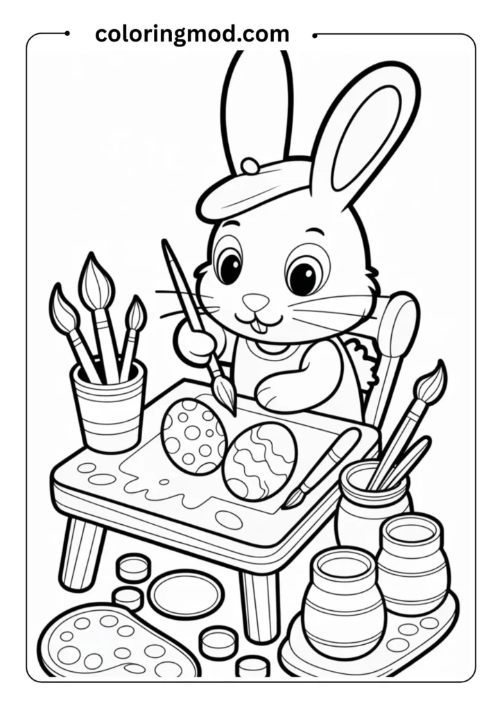 Outlined drawing of a bunny painting Easter eggs