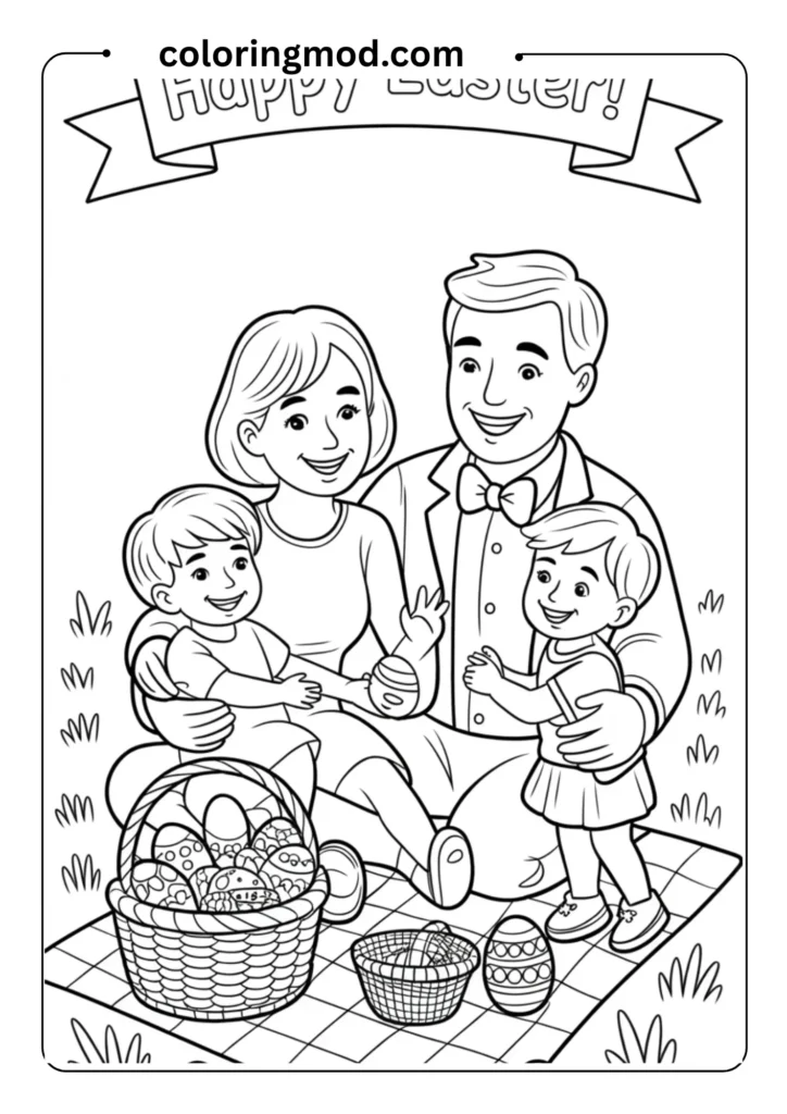 Outlined drawing of a happy family at an Easter