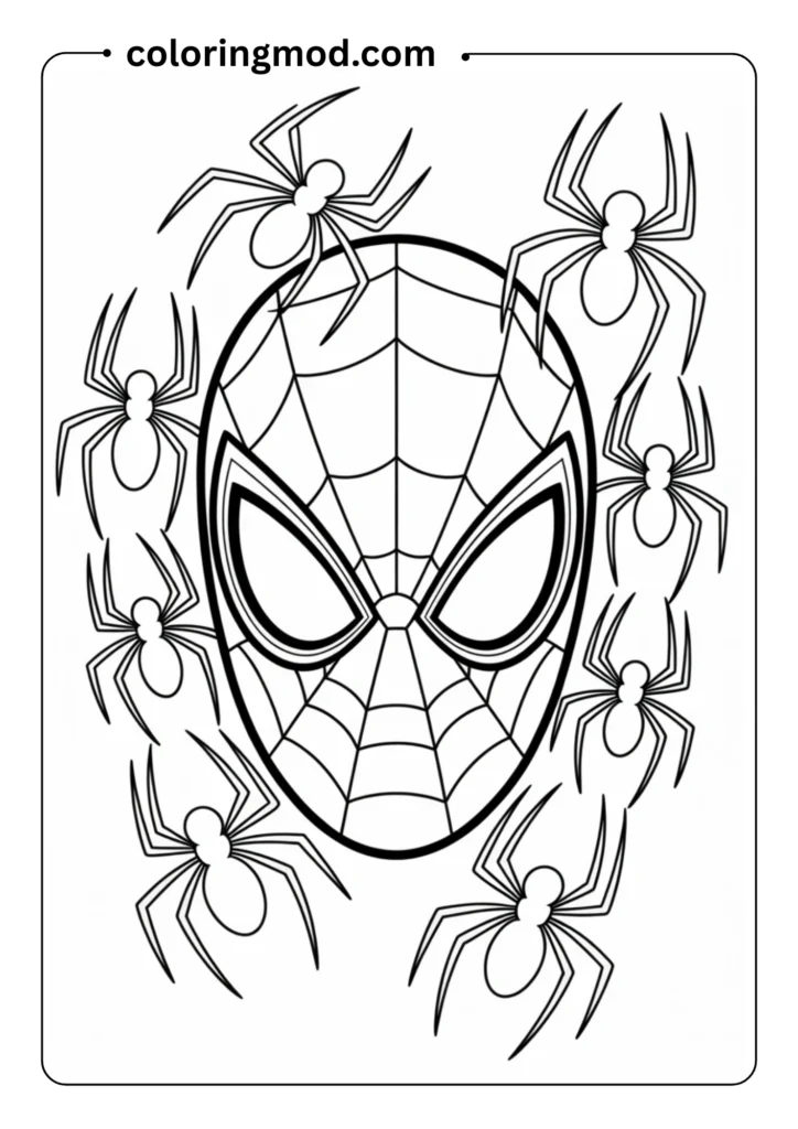 Outlined graphic of Spiderman’s mask surrounded by spiders