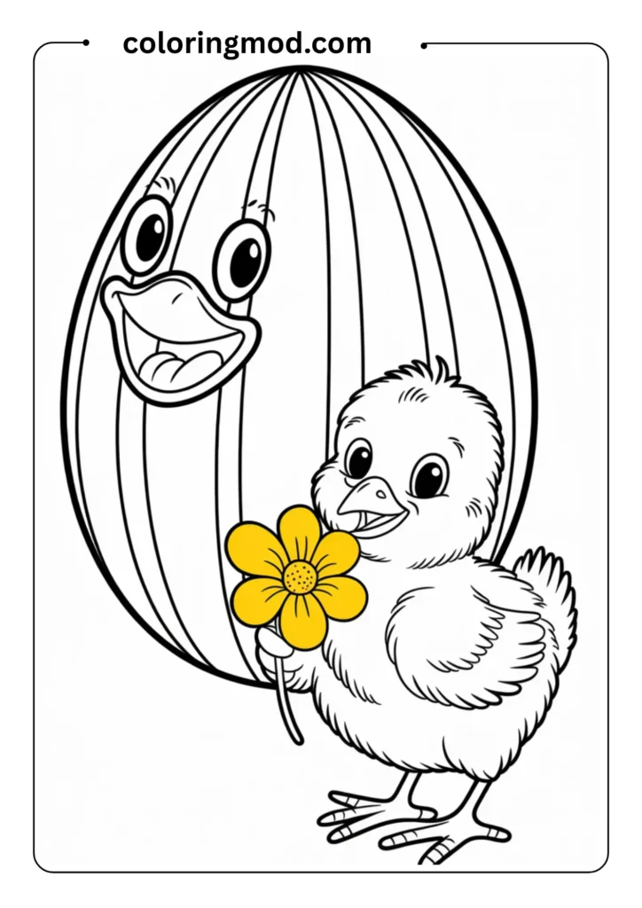Outlined illustration of a baby chick holding a