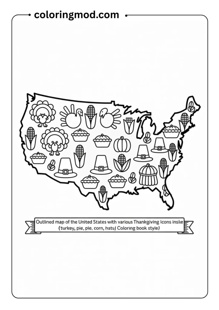 Outlined map of the United States with various Thanksgiving icons inside