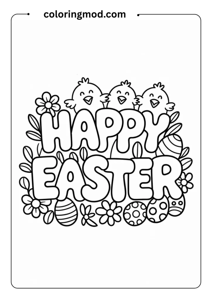 Outlined page showing the words 'Happy Easter'