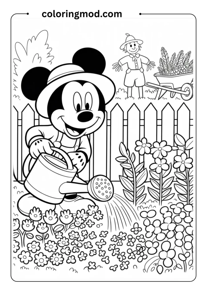 Peaceful coloring page showing Mickey Mouse in a garden setting, watering plants