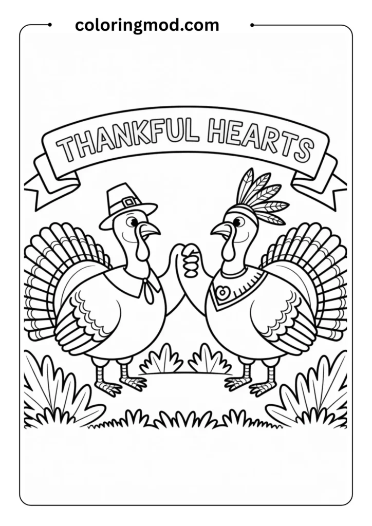 Pilgrim turkey and Native American turkey shaking wings in friendship, Thanksgiving theme, outlined